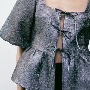 H&M Metallic Silver Blouse with Tie-Front